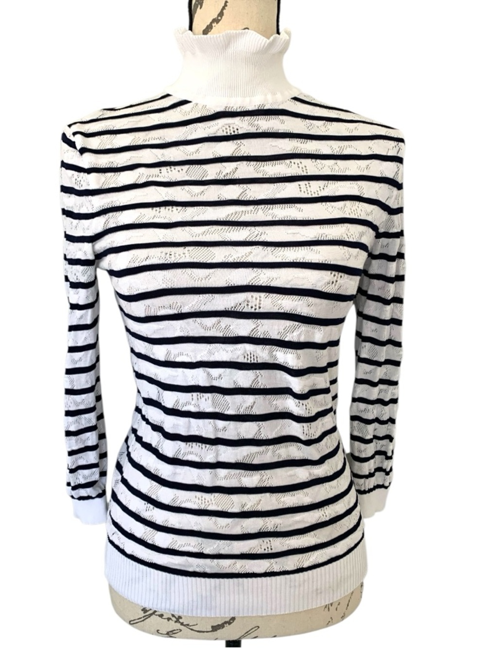 Chloe Ruffled Turtleneck Striped Sweater White & Navy Size S - Picture 2 of 6
